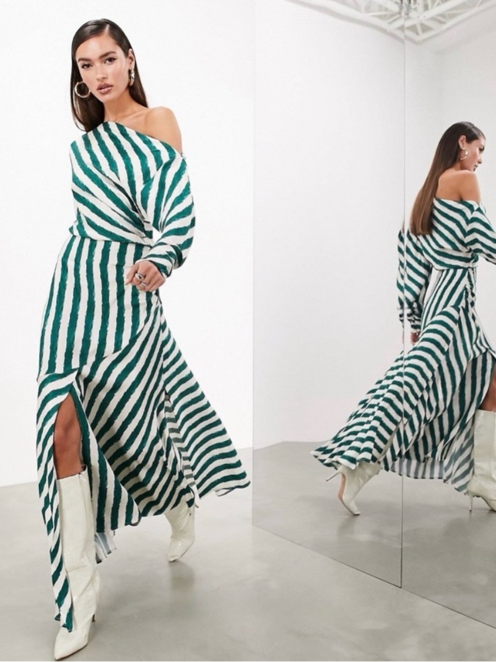 ASOS EDITION fallen shoulder ASOS midi dress in green and white